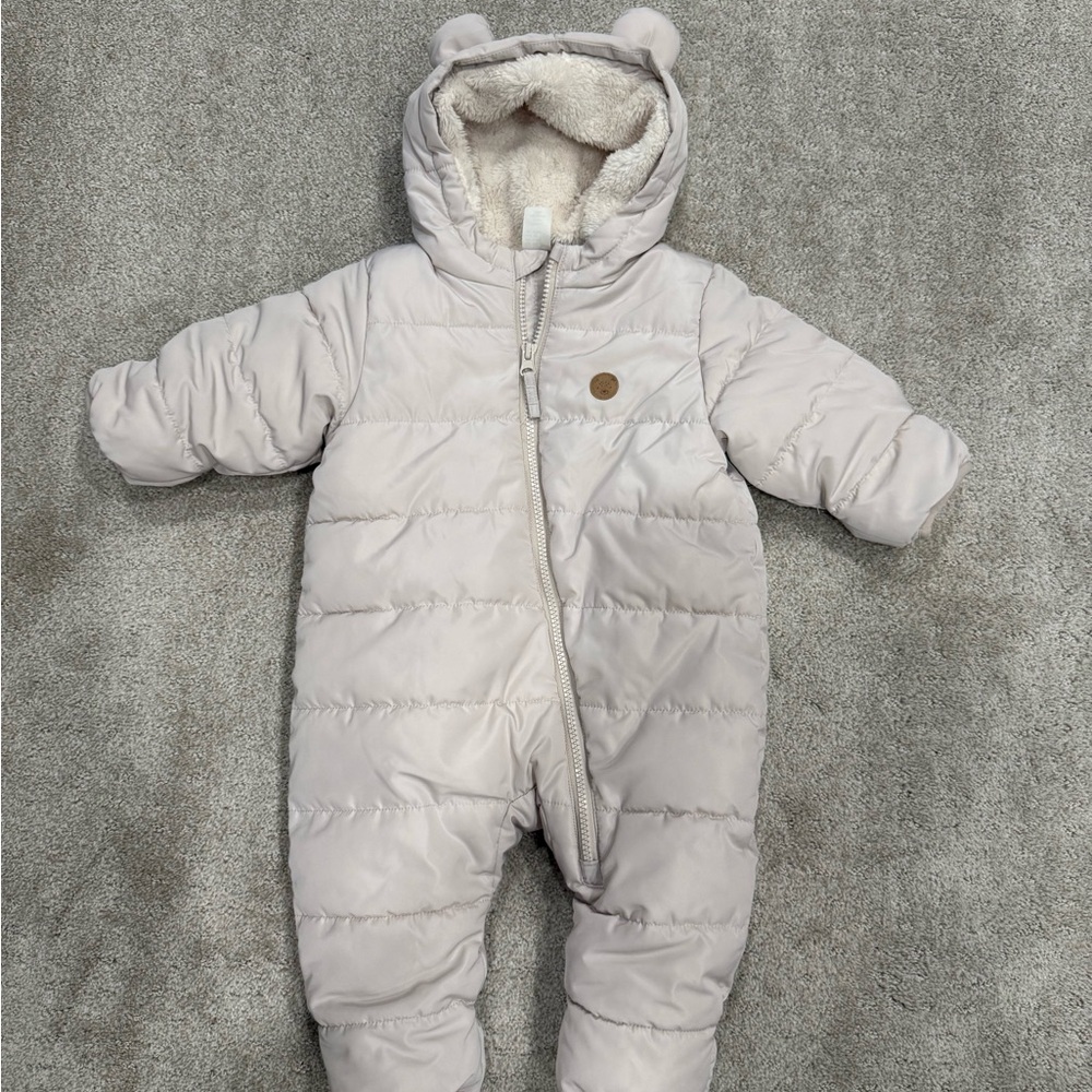 H&M Light Cream Quilted Baby One-Piece with Hood and Ear Accents